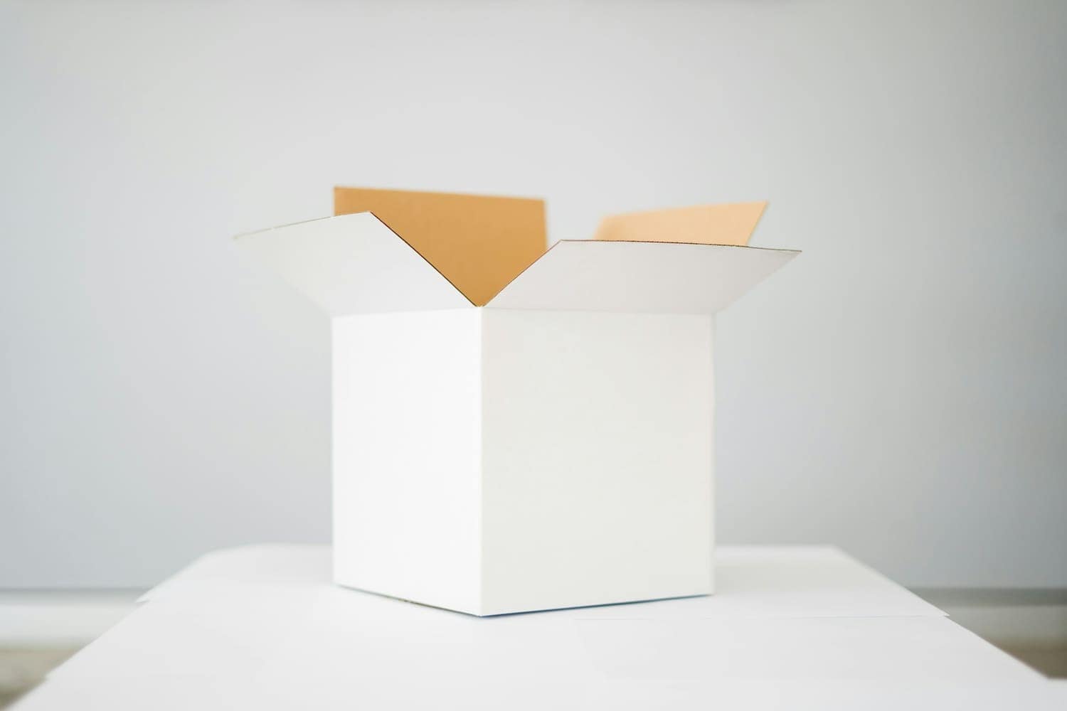 Open white cardboard box on a white table