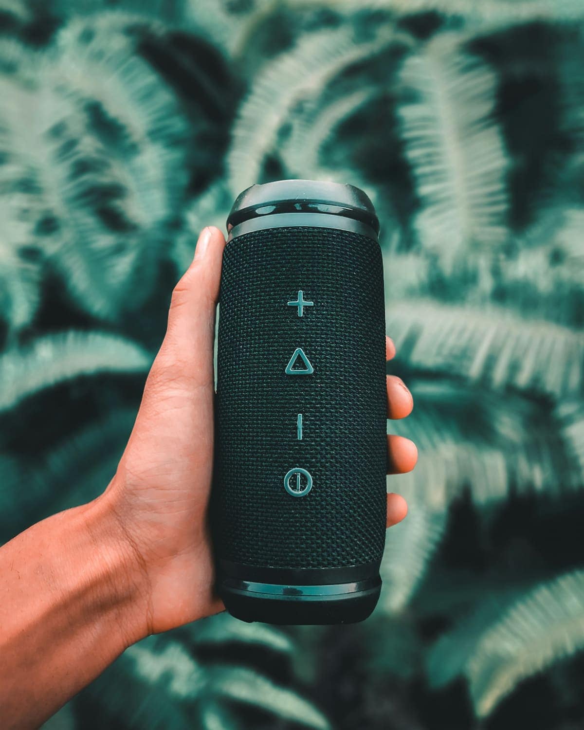 A hand holding a portable speaker in front of fern leaves