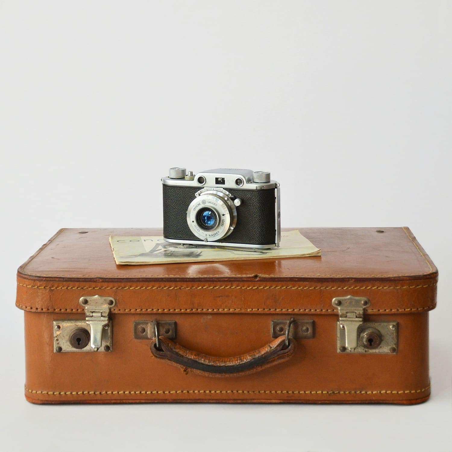 Small film camera resting on a tan leather suitcase